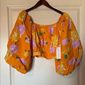 Truth NYC Orange Floral Puff Sleeve Blouse